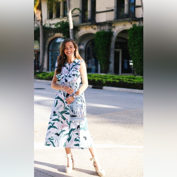 Tory Burch Floral Smoked Printed Dress Ivory Desert Sz M - Picture 2 of 7